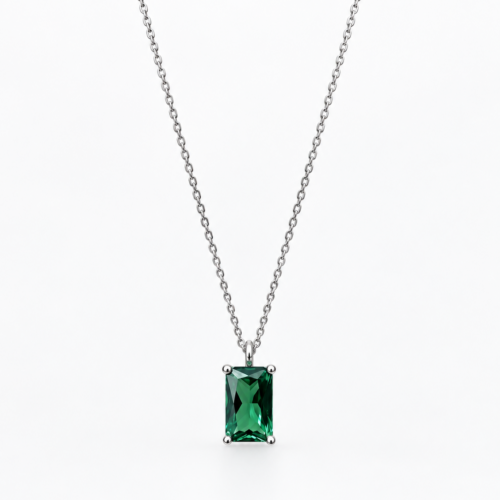 Κολιέ από Λευκό Χρυσό 14Κ με Emerald Cut Πράσινο Ζιργκόν 6900