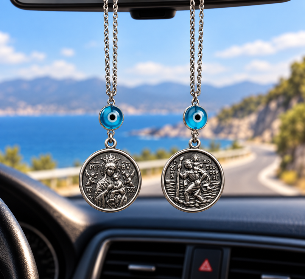 Ασημένιο Φυλαχτό Αυτοκινήτου Διπλής Όψεως με Ματάκι 6455